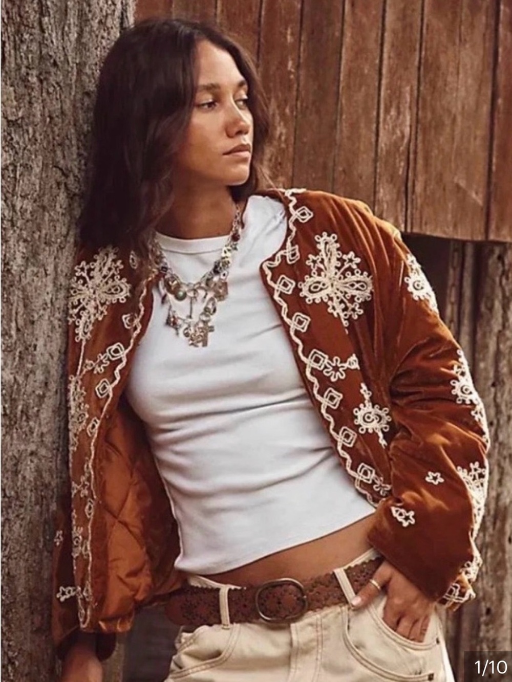 Free People Mia Embroidered Velvet Jacket - Rust